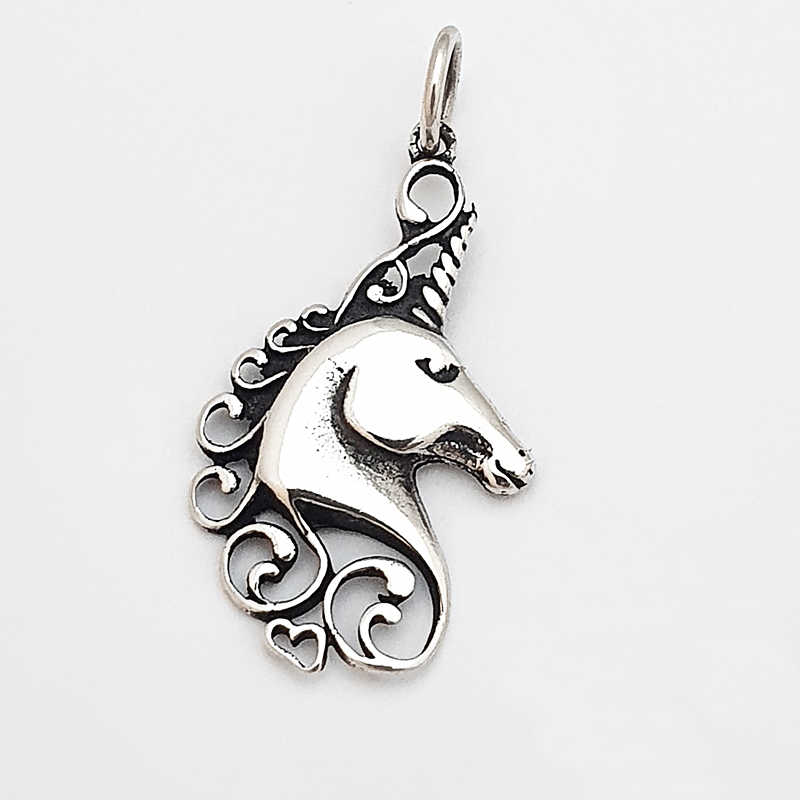 Silver pendant unicorn and heart