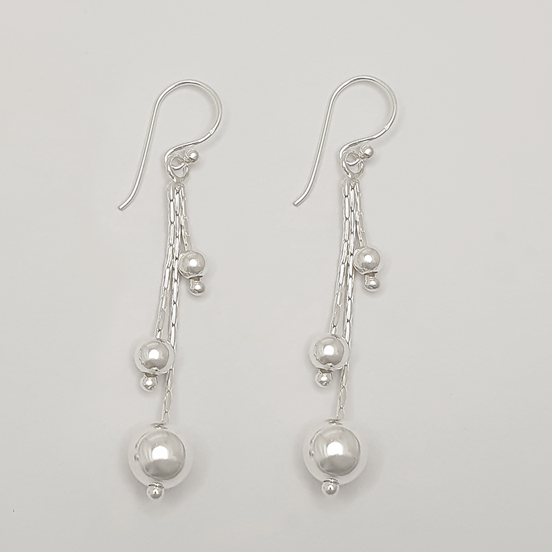 Boucles d'oreilles longues, billes, argent massif 925