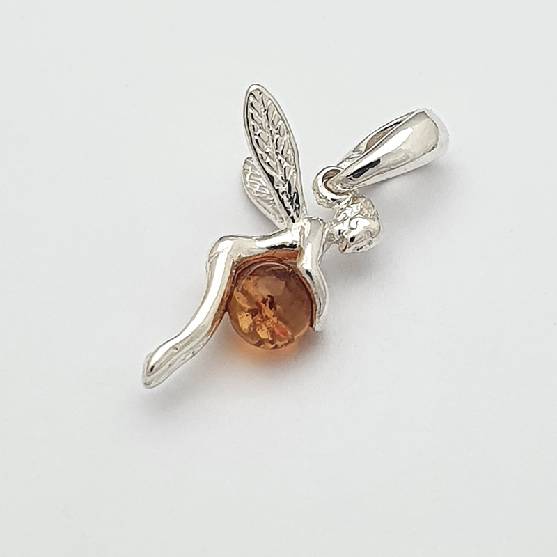 Silver fairy pendant holding an Amber ball